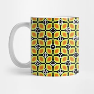 1970s Retro Inspired Polyhedral Dice Set and Leaf Seamless Pattern - Yellow Mug
